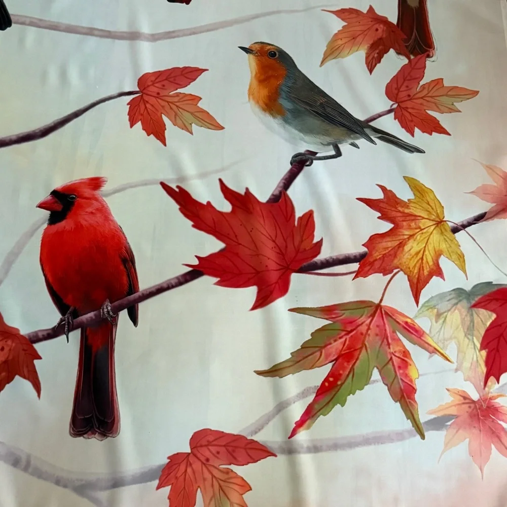 Colorful Oversized Autumn Fall Leaves & Birds Print Fabric Shower Curtain 🍁